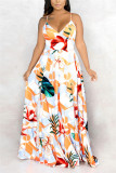 Rice White Fashion Sexy Off The Shoulder Sleeveless V Neck Sling Dress Print Dresses