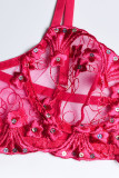 Rose Red Sexy Solid Embroidered Sequins Patchwork See-through Valentines Day Lingerie