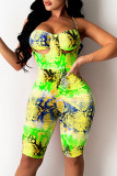 Pink Fashion Sexy Print Backless Spaghetti Strap Rompers