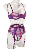 Purple Sexy Embroidered Patchwork Valentines Day Lingerie
