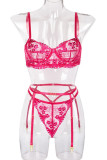 Rose Red Sexy Solid Embroidered Sequins Patchwork See-through Valentines Day Lingerie