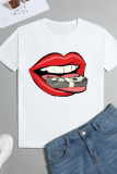 White Casual Lips Printed Patchwork O Neck T-Shirts