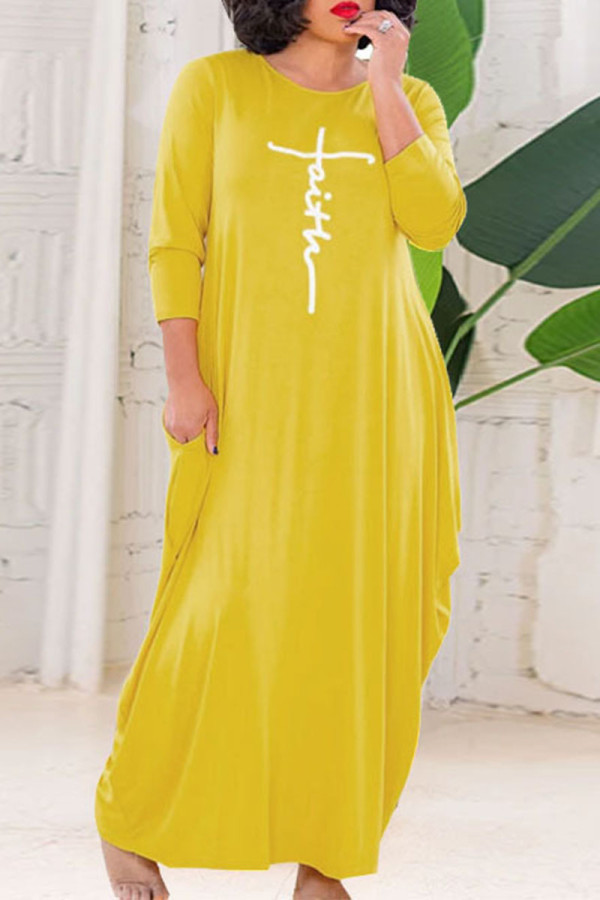 Yellow Casual Letter Print Patchwork O Neck Long Sleeve Plus Size Dresses