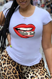 White Casual Lips Printed Patchwork O Neck T-Shirts