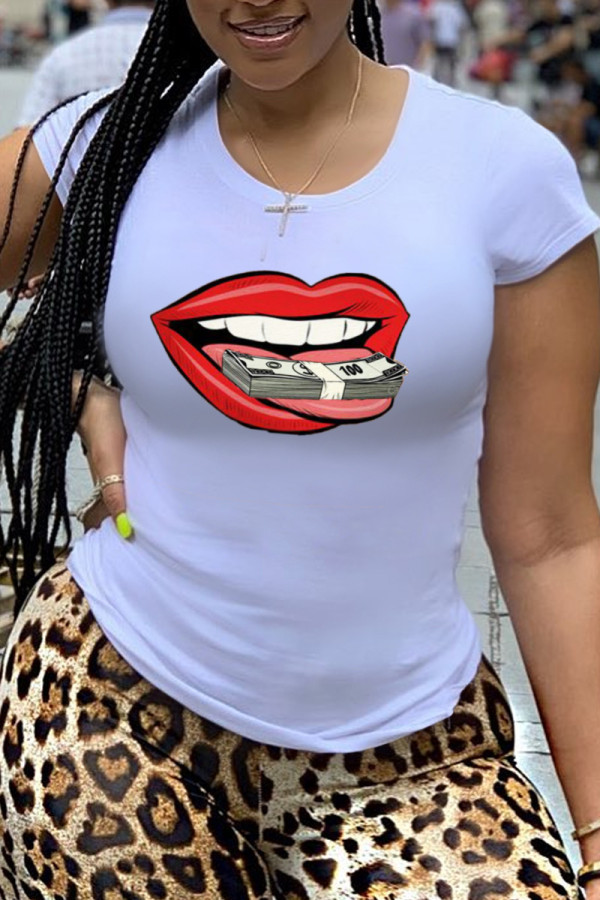 White Casual Lips Printed Patchwork O Neck T-Shirts