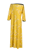 Yellow Casual Print Split Joint Strapless Straight Dresses