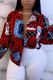 Red Blue Fashion Casual Print Basic V Neck Tops