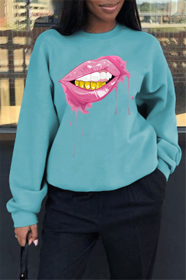Light Green Fashion Casual Lips Printed Basic O Neck Tops