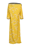 Yellow Casual Print Split Joint Strapless Straight Dresses