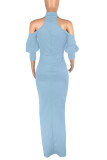 Light Blue Sexy Solid Patchwork High Opening Half A Turtleneck Straight Dresses