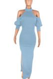 Light Blue Sexy Solid Patchwork High Opening Half A Turtleneck Straight Dresses
