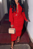 Red Fashion Casual Solid Bandage Turndown Collar Long Sleeve Two Pieces