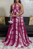 Burgundy Fashion Sexy Print Hollowed Out Backless Halter Sleeveless Dress