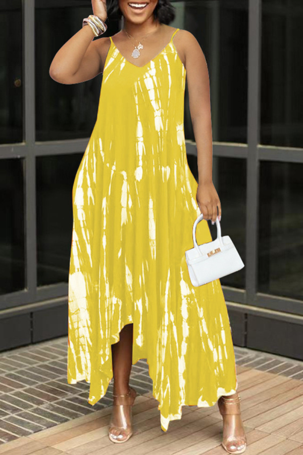 Yellow Sexy Print Split Joint Spaghetti Strap Irregular Dress Dresses
