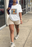 White Fashion Street Print Patchwork Letter O Neck T-Shirts