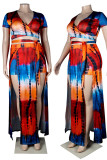 Red Blue Sexy Print Patchwork V Neck Short Sleeve Two Pieces