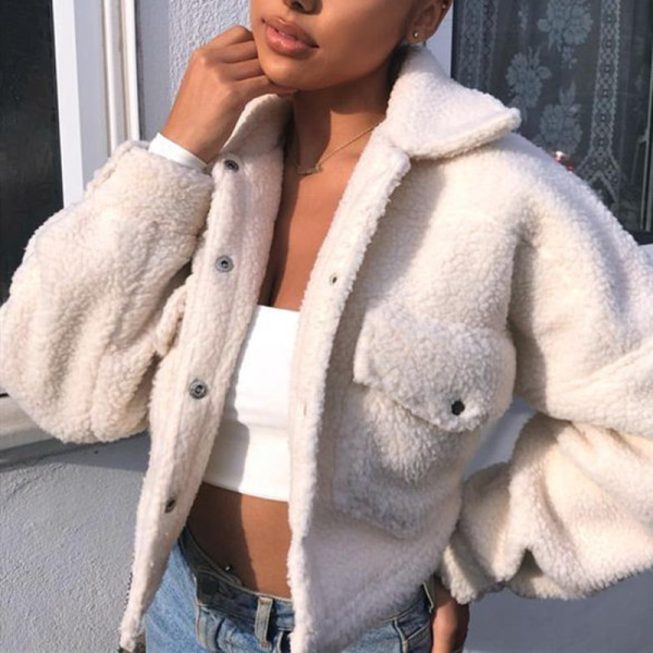 Cream White Fashion Casual Solid Patchwork Turndown Collar Outerwear