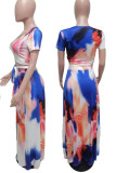 Red Blue Sexy Print Patchwork V Neck Short Sleeve Two Pieces