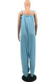 Light Blue Casual Solid Patchwork Spaghetti Strap Plus Size Jumpsuits