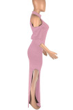 Pink Sexy Solid Patchwork High Opening Half A Turtleneck Straight Dresses