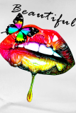 White Fashion Casual Lips Printed Patchwork Letter O Neck T-Shirts