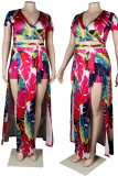 Red Blue Sexy Print Patchwork V Neck Short Sleeve Two Pieces