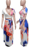 Red Blue Sexy Print Patchwork V Neck Short Sleeve Two Pieces