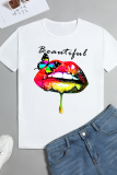 White Fashion Casual Lips Printed Patchwork Letter O Neck T-Shirts