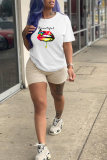 White Fashion Casual Lips Printed Patchwork Letter O Neck T-Shirts