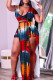 Red Blue Sexy Print Patchwork V Neck Short Sleeve Two Pieces