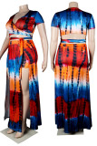 Red Blue Sexy Print Patchwork V Neck Short Sleeve Two Pieces