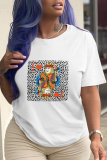 White Fashion Street Print Patchwork Letter O Neck T-Shirts