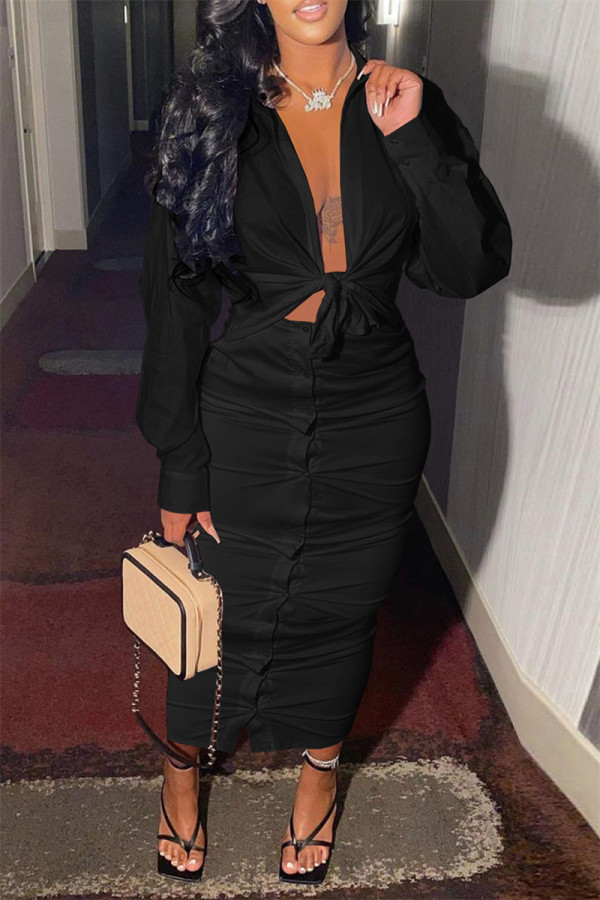 Black Fashion Casual Solid Bandage Turndown Collar Long Sleeve Two Pieces