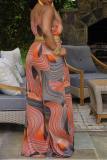 Tangerine Red Sexy Print Patchwork Spaghetti Strap Loose Jumpsuits