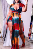 Red Blue Sexy Print Patchwork V Neck Short Sleeve Two Pieces