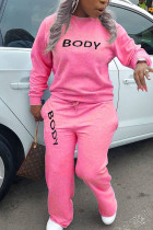 Pink Casual Solid O Neck Long Sleeve Two Pieces