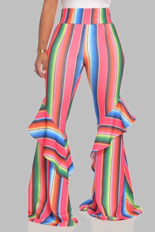 Multi-color Street Striped Patchwork Boot Cut High Waist Speaker Patchwork Bottoms