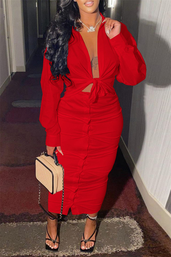 Red Fashion Casual Solid Bandage Turndown Collar Long Sleeve Two Pieces