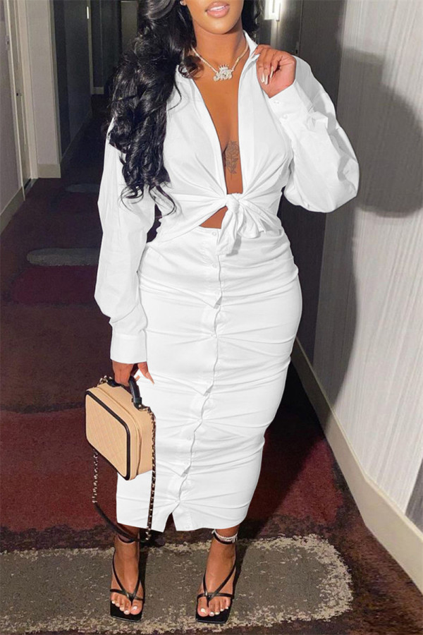 White Fashion Casual Solid Bandage Turndown Collar Long Sleeve Two Pieces