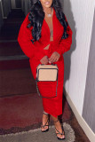 Red Fashion Casual Solid Bandage Turndown Collar Long Sleeve Two Pieces