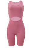 Pink Sexy Casual Solid Hollowed Out U Neck Skinny Romper