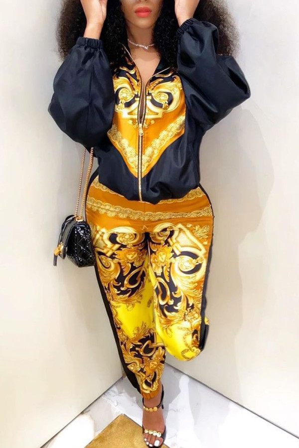 Yellow Work Daily Print O Neck Long Sleeve Two Pieces