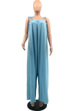 Light Blue Casual Solid Patchwork Spaghetti Strap Plus Size Jumpsuits