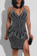 Black Fashion Sexy Hot Drilling Patchwork Backless Slit V Neck Sling Dress
