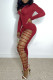 Burgundy Fashion Sexy Solid Hollowed Out Patchwork Chains Zipper Collar Skinny Jumpsuits