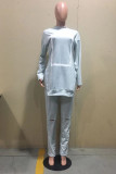 Grey Daily Solid Split Joint O Neck Long Sleeve Two Pieces