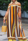 Blue Casual Striped Patchwork Off the Shoulder Loose Jumpsuits