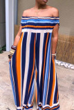 Blue Casual Striped Patchwork Off the Shoulder Loose Jumpsuits