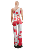 Red Fashion Casual Print With Bow Oblique Collar Sleeveless Two Pieces