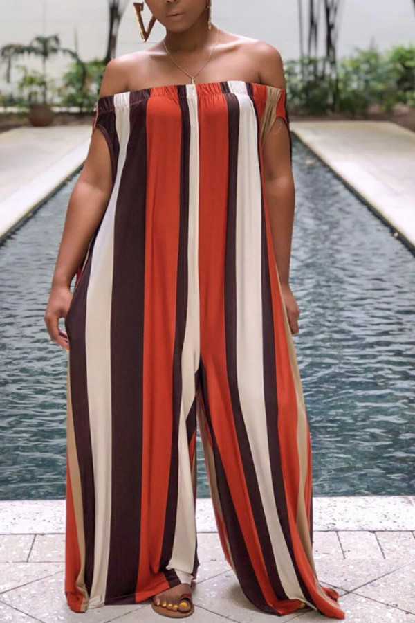 Tangerine Red Casual Striped Patchwork Off the Shoulder Loose Jumpsuits